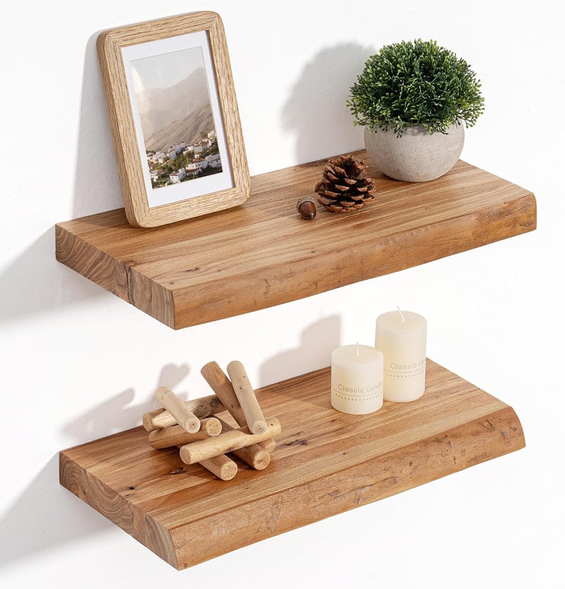 FLYJOE Floating Shelves for Wall Decor, Rustic Solid Elm Wood Live Edge Floating Shelves Wall Mounted, Wall Shelves with Invisible Bracket for Living Room Bathroom Bedroom Kitchen, 16 Inch Set of 2, Natural - Image 1